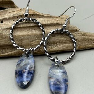 Boho Silver Tone and Blue Dangle Earrings